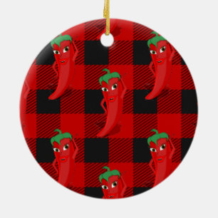 Chili Pepper Buffalo Kariertes Muster Schwarz und  Keramik Ornament