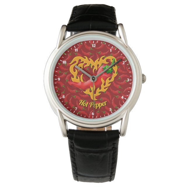 Chili Pepper mit Flame Heart Watch Armbanduhr (Vorderseite)