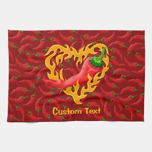 Chili Pepper mit Flammenherz Geschirrtuch (Horizontal)