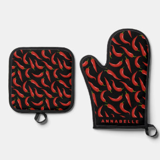 Chili Pepper Personalisierte Schürze Ofenhandschuh & Topflappen-Set