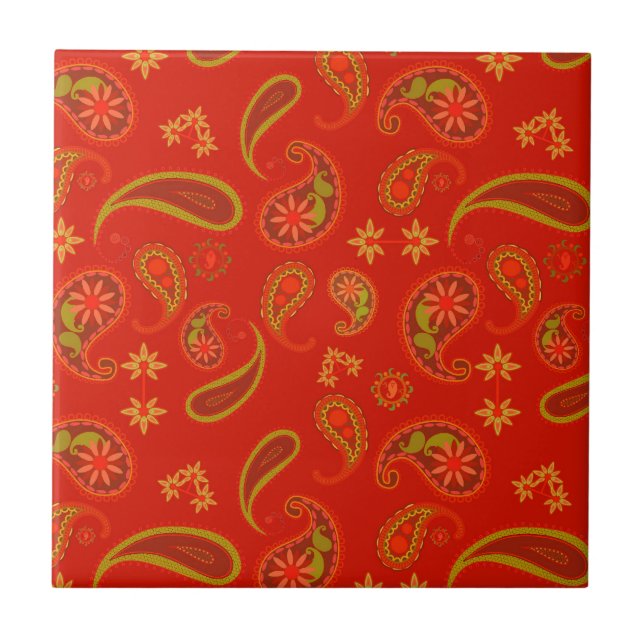 Chili Pepper Red and Lime Green Paisley Pattern Fliese (Vorderseite)