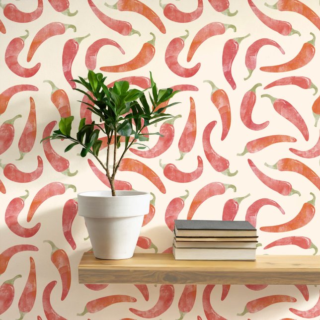 Chili Pepper Red Creme Tapete (Hot and spicy red chili pepper watercolor pattern art wallpaper)