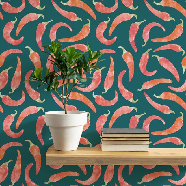 Chili Pepper Red Dark Tapete (Hot and spicy watercolor red chili peppers on a dark teal green background. Peel and stick wallpaper)