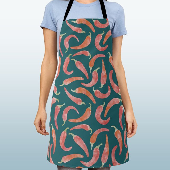 Chili Pepper Red Teal Green Watercolor Art Schürze (Fun watercolor red chili pepper hot and spicy art apron)