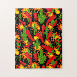 Chili Pfeffer, Kaktus und Flammen farbig Puzzle