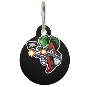 Chili-Pfeffer-Maskottchen mit Schusswaffe-Illustra Haustiermarke