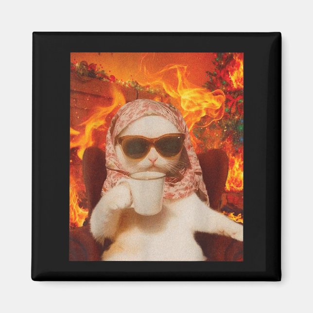 Chill Cat And Coffe Xmas Funny Cat Meme Y2k Joke  Magnet (Vorne)