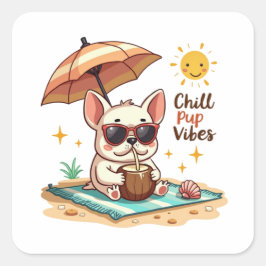 Chill Pup Vibes Kawaii Bulldog Beach Quadratischer Aufkleber