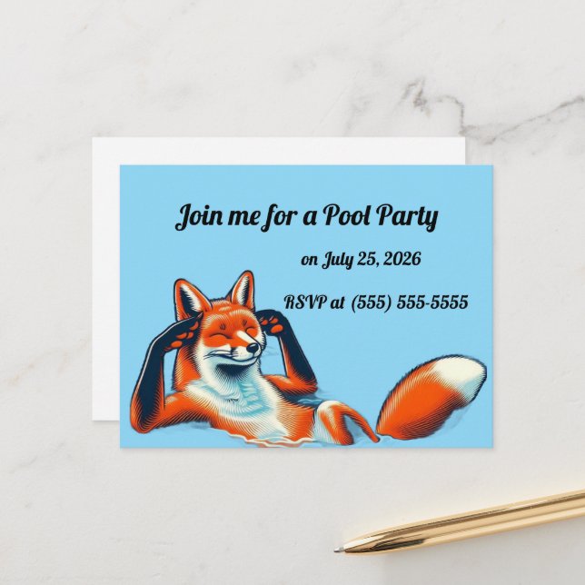 Chill Red Fox in a Pool Party RSVP Postkarte (Vorderseite/Rückseite Beispiel)