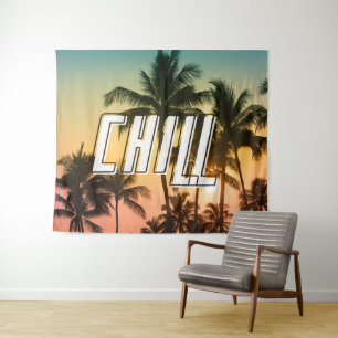 Chill Tropical Sunset Beach Palm Tree Wandteppich