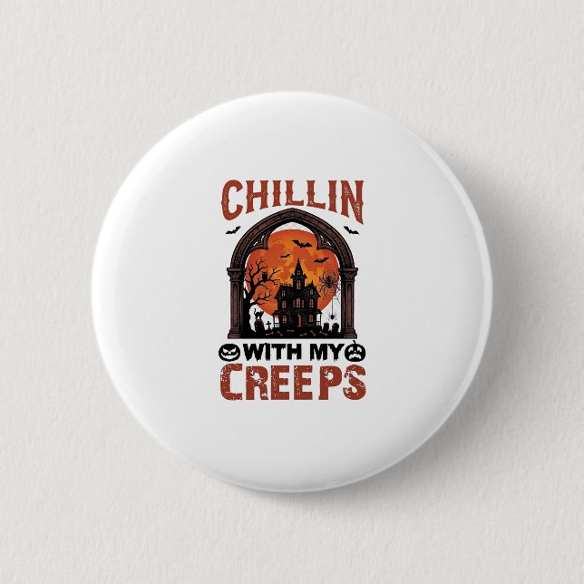 Chillin Creeps Halloween Gruselhaus Orange Mond Button (Vorderseite)