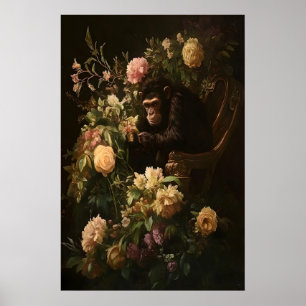 Chimp & Blooms Dark Academia Florale Kunst, Vintag Poster