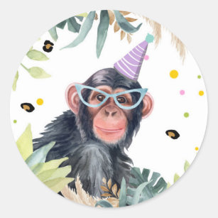 Chimpanse Monkey Safari Party Tier Geburtstag Runder Aufkleber