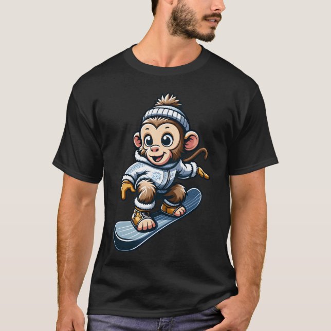 Chimpanzee on Snowboard Winter Sports friend T-Shirt (Vorderseite)