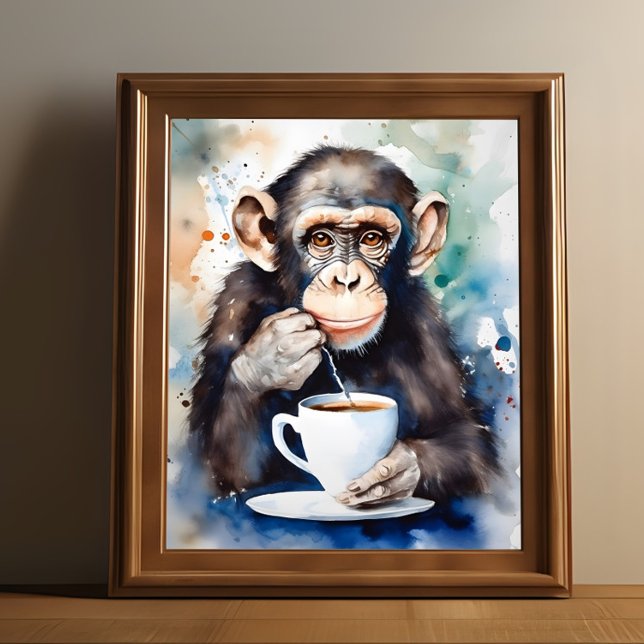 Chimps Tea Time Poster (Print of a chimp drinking tea is shown in a wooden frame.)