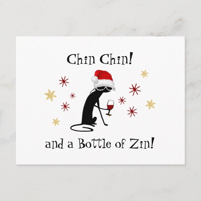 Chin Chin und eine Flasche Zin Funny Wine Cat Postkarte (Vorderseite)
