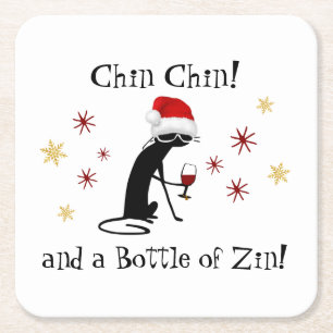 Chin Chin und eine Flasche Zin Funny Wine Cat Rechteckiger Pappuntersetzer