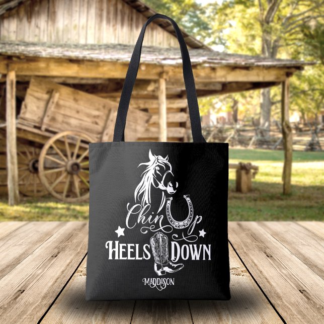 Chin up Heelses Down Cowgirl Reitfreund Tasche (Personalized cowgirl tote bag, quote: Chin up, heels down. Horse lover, western riding, horse.)