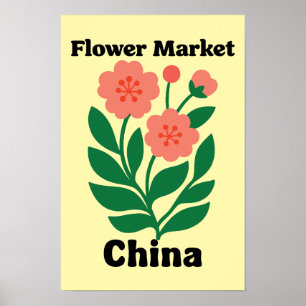 China-Blumenmarkt Korallen-Pfingstrose und grünes Poster