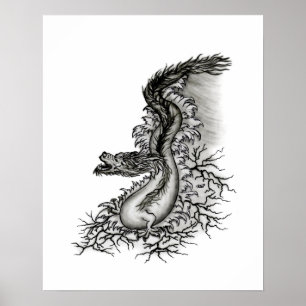 China-Drache, Schwarz-Weiß-Design im Tattoo-Stil Poster