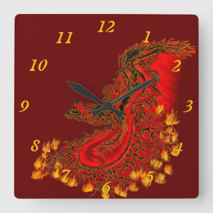 China Dragon rot und gold Quadratische Wanduhr