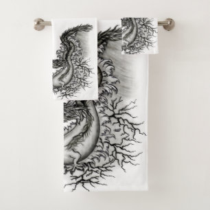 China Dragon, Schwarzweiß-Design in Tattoostyl Badhandtuch Set