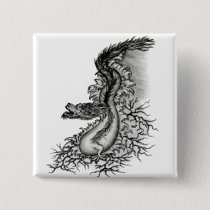 China Dragon, Schwarzweiß-Design in Tattoostyl Button