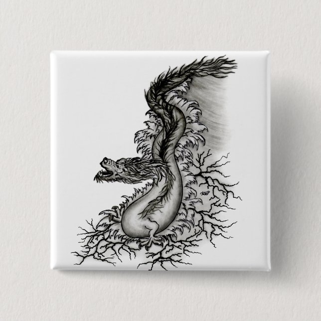 China Dragon, Schwarzweiß-Design in Tattoostyl Button (Vorderseite)