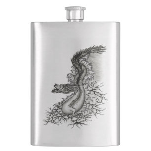 China Dragon, Schwarzweiß-Design in Tattoostyl Flachmann