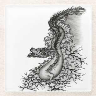 China Dragon, Schwarzweiß-Design in Tattoostyl Glasuntersetzer