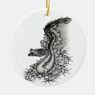 China Dragon, Schwarzweiß-Design in Tattoostyl Keramik Ornament