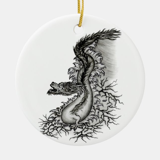 China Dragon, Schwarzweiß-Design in Tattoostyl Keramik Ornament (Vorne)