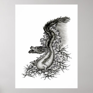 China Dragon, Schwarzweiß-Design in Tattoostyl Poster