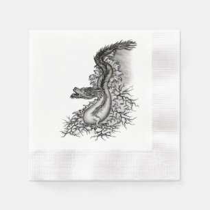 China Dragon, Schwarzweiß-Design in Tattoostyl Serviette