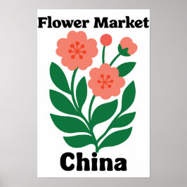 China Flower Market Coral Peony and Green Leaf Poster