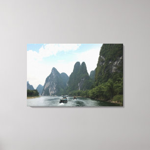 China, Guilin, Li-Fluss, Flussboote säumen den Leinwanddruck