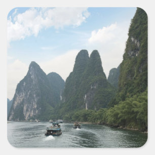 China, Guilin, Li Fluss, Flussboote säumen den Quadratischer Aufkleber