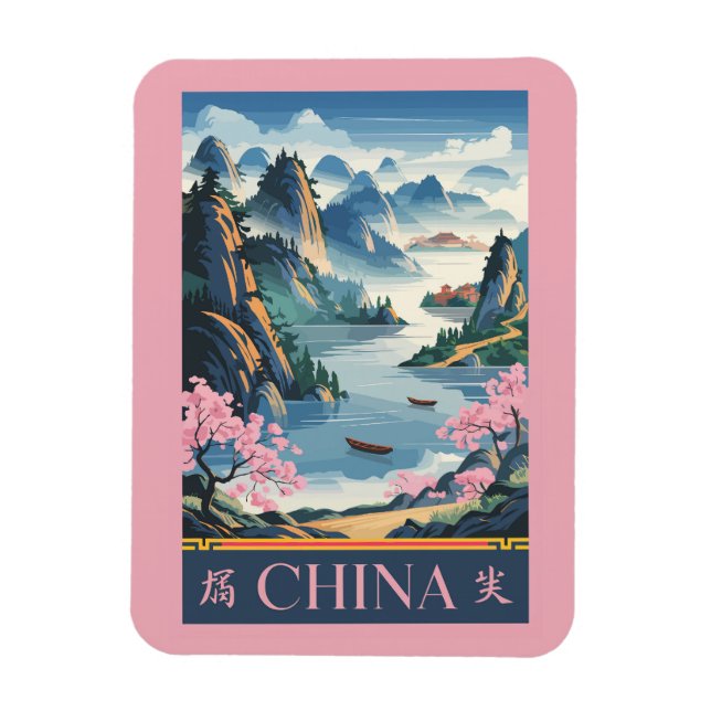 China Illustration Pink Travel Art Vintage Magnet (Vertikal)