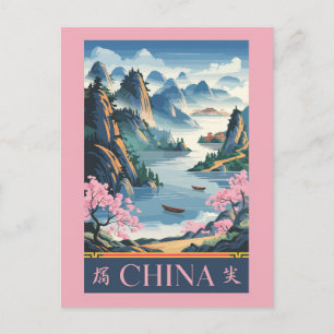 China-Illustration Rosa Reise Kunst Vintage Postkarte