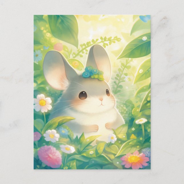Chinchilla mit blauer Blumenkrone im sonnigen Gart Postkarte (Vorderseite)