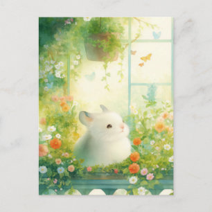 Chinchilla schaut vom Balkon-Blumengarten heraus Postkarte