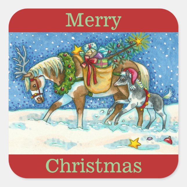 CHINCOTEAGUE PONIES & HOLIDAY WISHES, CHRISTMAS QUADRATISCHER AUFKLEBER (Vorderseite)