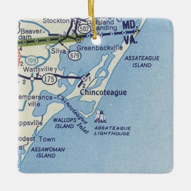 Chincoteague VA Vintage Karte Keramikornament (Vorderseite)