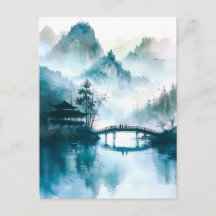 Chinese Bridge in Watercolor at mountain landscape