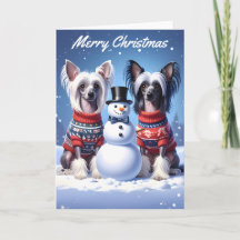 Chinese Crested Dogs & Snowman Christmas
