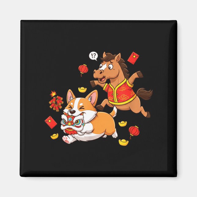 Chinese Horse Corgi Funny Kids Mens Womens Happy N Magnet (Vorne)