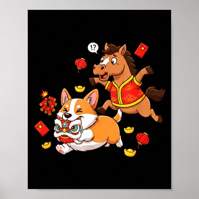 Chinese Horse Corgi Funny Kids Mens Womens Happy N Poster (Vorne)