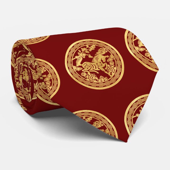 Chinese Horse gold paper-cut style red Tie Krawatte (Gerollt)