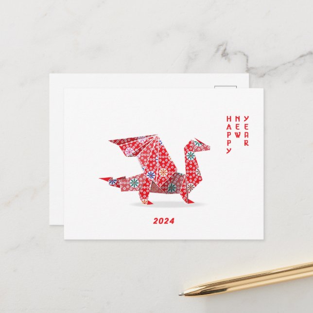 Chinese New Year 2024 Red Origami Dragon  Postkarte (Vorderseite/Rückseite Beispiel)