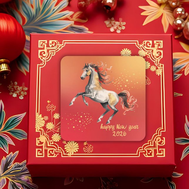 Chinese New Year 2026 Horse New Year Party Quadratischer Aufkleber (Von Creator hochgeladen)